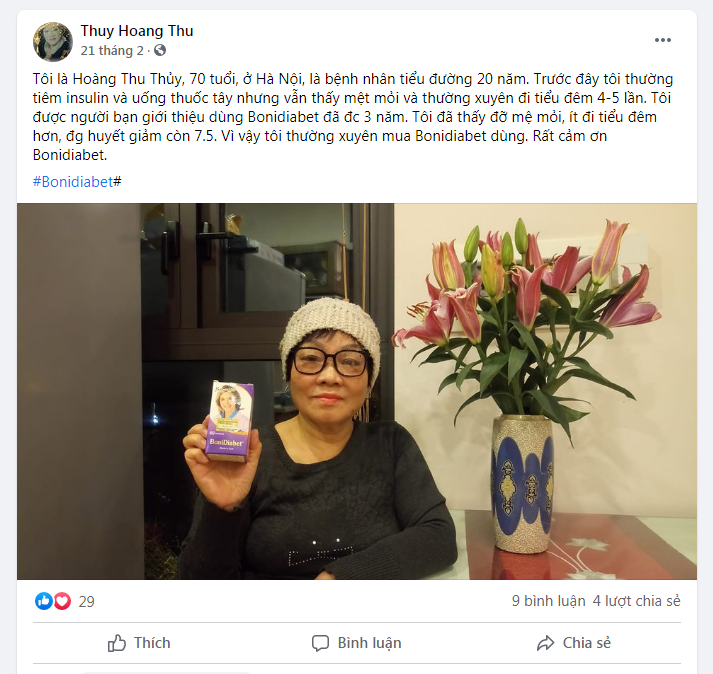 Chia sẻ trên trang facebook cá nhân của cô Thủy về sản phẩm BoniDiabet chính hãng