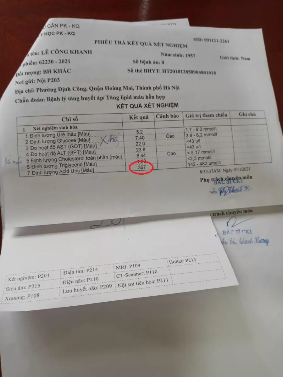 Chỉ số acid uric chú Khanh đo ngày 9/11/2021 chỉ còn 367 µmol/l