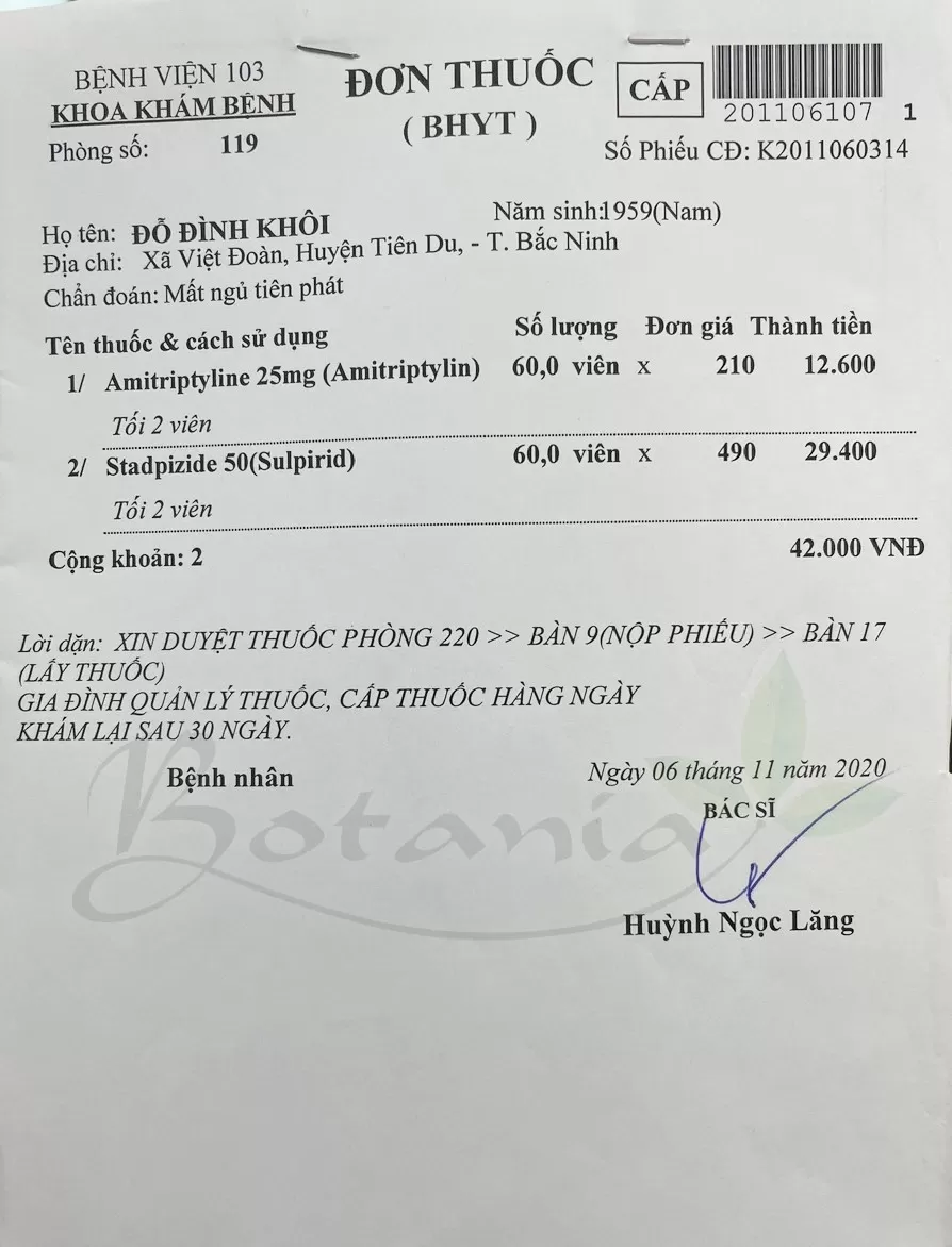 Đơn thuốc tây bệnh viện Quân y 103 kê cho chú Khôi